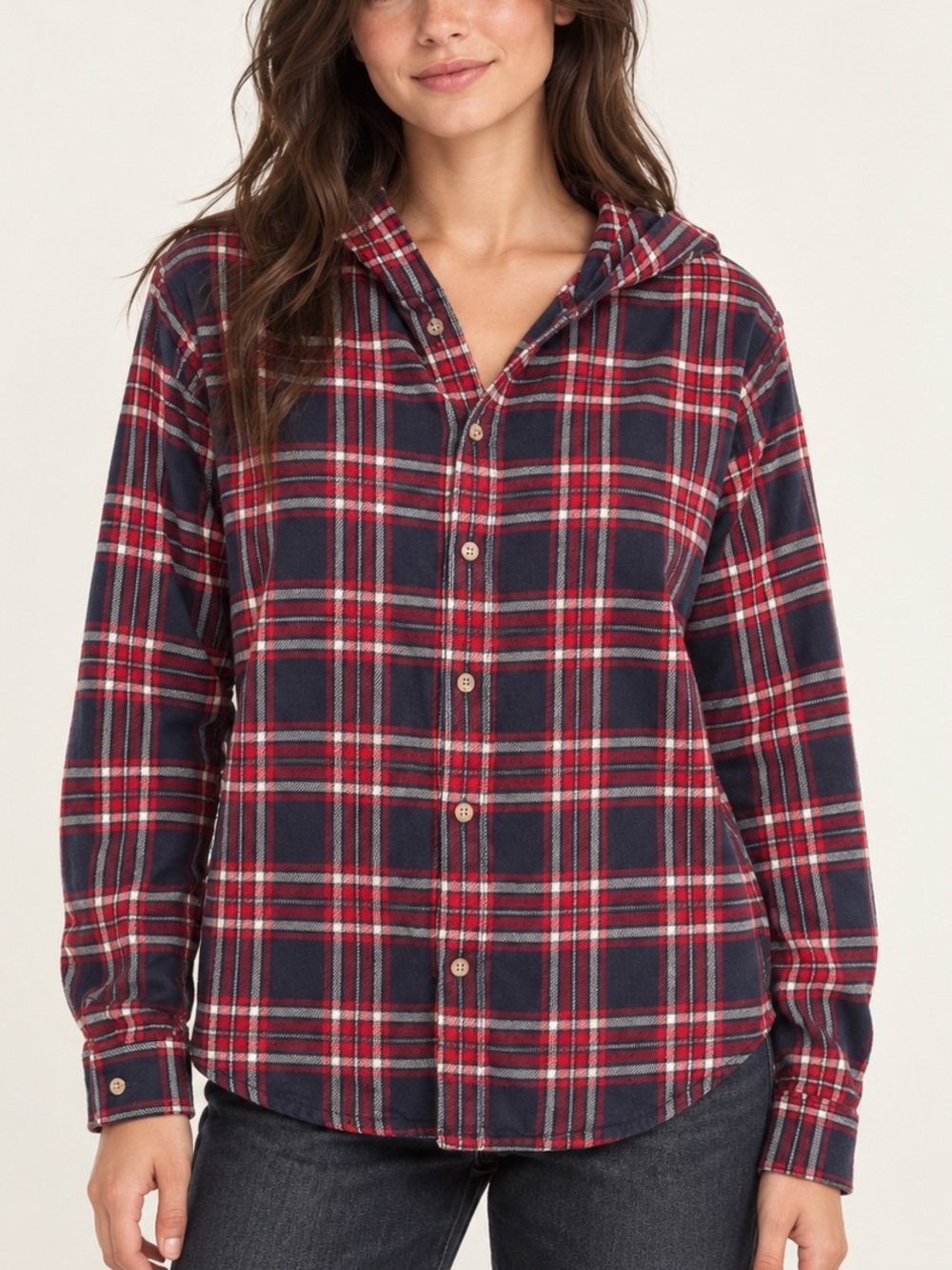 TNA Red & Navy Plaid Hooded Utility Jacket